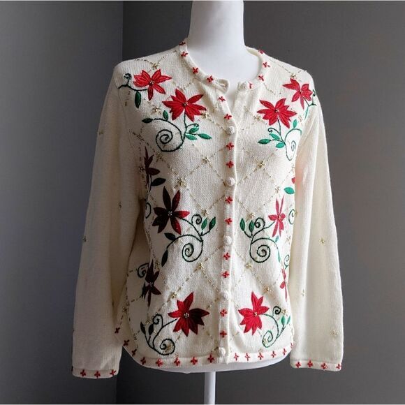 Ugly Christmas Beaded Embroidered Holiday Poinsettia Cardigan Size LP - Picture 2 of 8